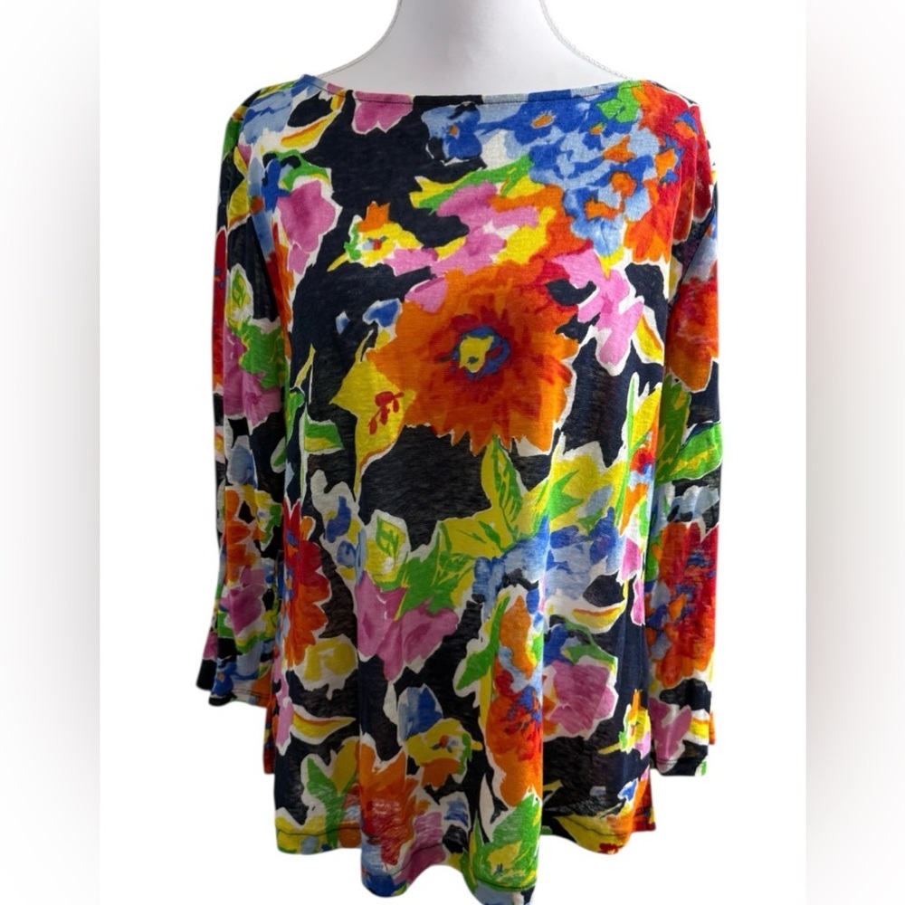 LAUREN RALPH LAUREN BRIGHT FLORAL LINEN BLOUSE 3/4 SLEEVE WOMEN’S Size LARGE